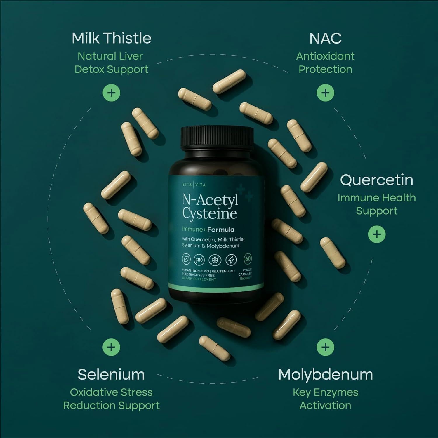 Suplemento Vegano Etta Vita NAC 600mg con Quercetina y Selenio