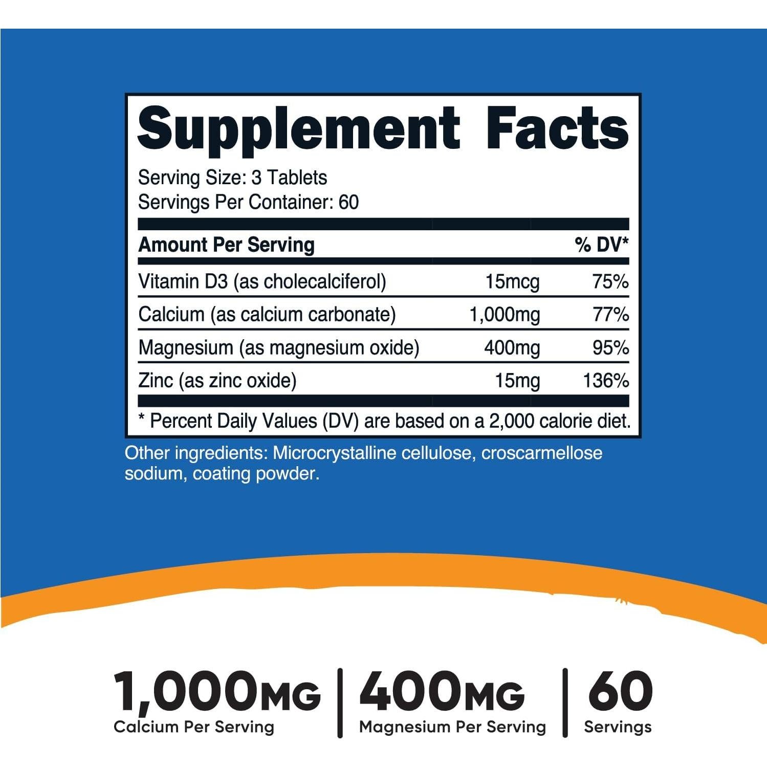 Tabletas de Calcio, Magnesio y Zinc Nutricost 180 Tabletas