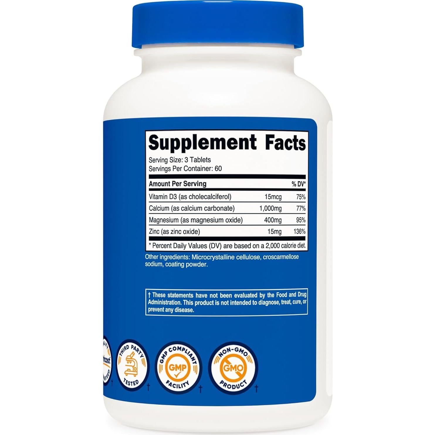 Tabletas de Calcio, Magnesio y Zinc Nutricost 180 Tabletas