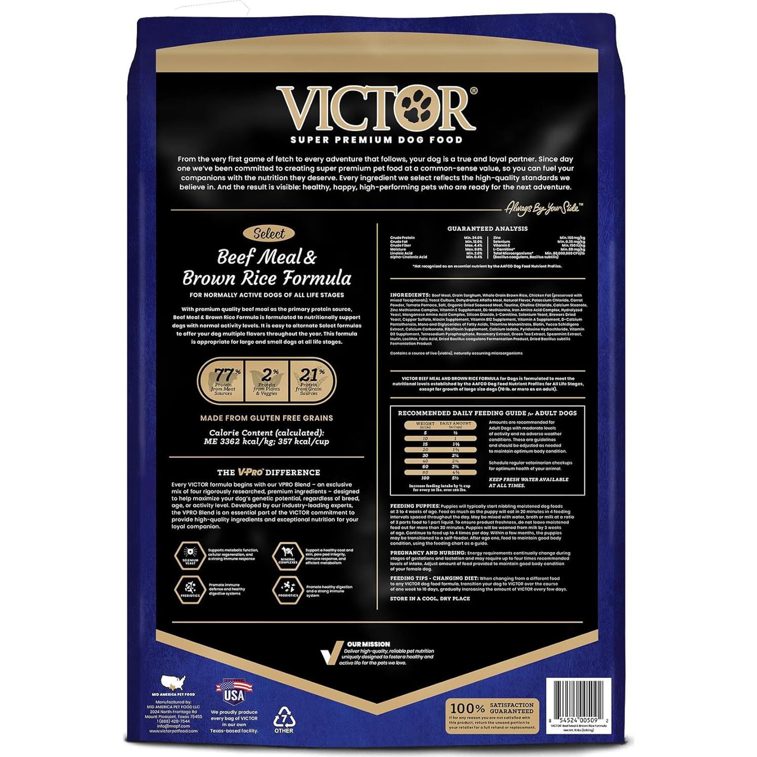 VICTOR Comida Seca para Perros 6.8 kg - Carne de Res y Arroz Integral