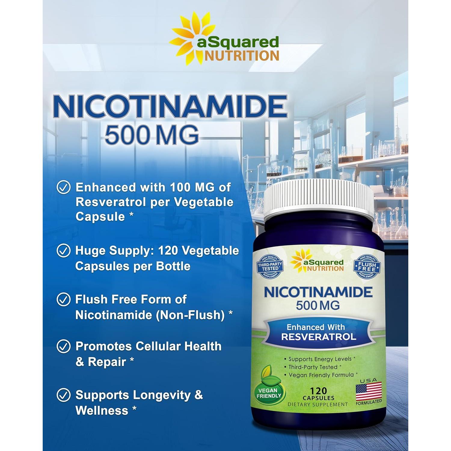 Nicotinamida 500mg con Resveratrol 100mg - 120 Cápsulas Veganas