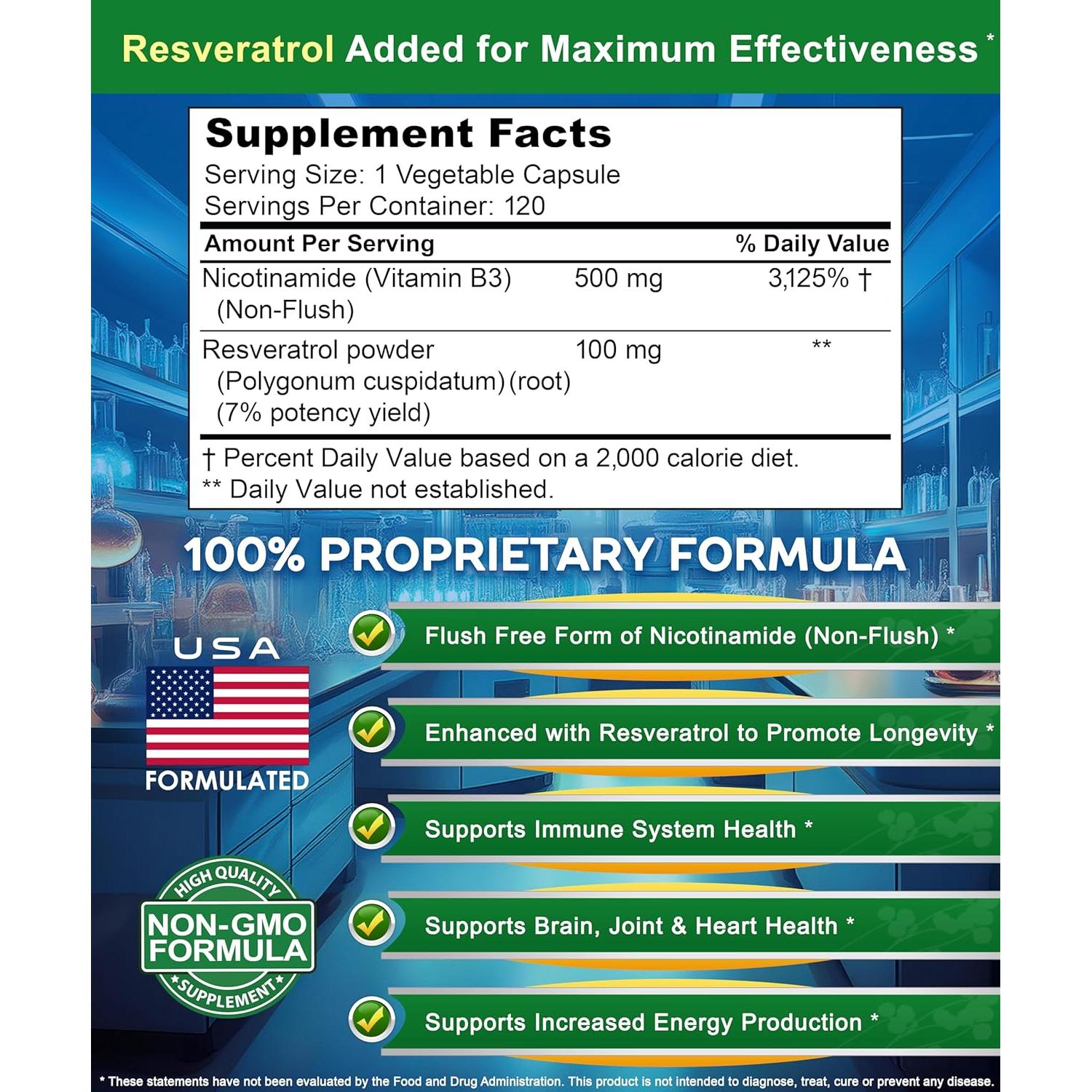 Nicotinamida 500mg con Resveratrol 100mg - 120 Cápsulas Veganas