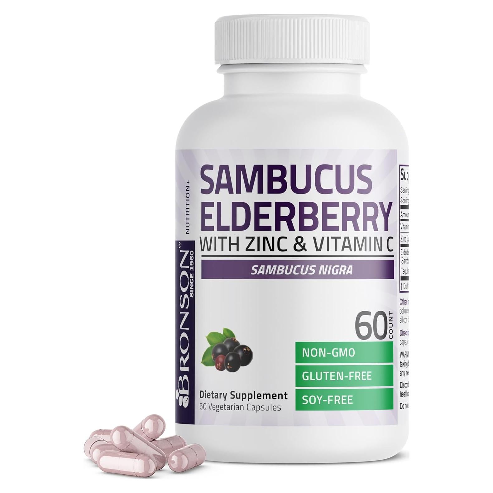 Bronson Sambucus Elderberry 3-en-1 con Zinc y Vitamina C 60 Cápsulas