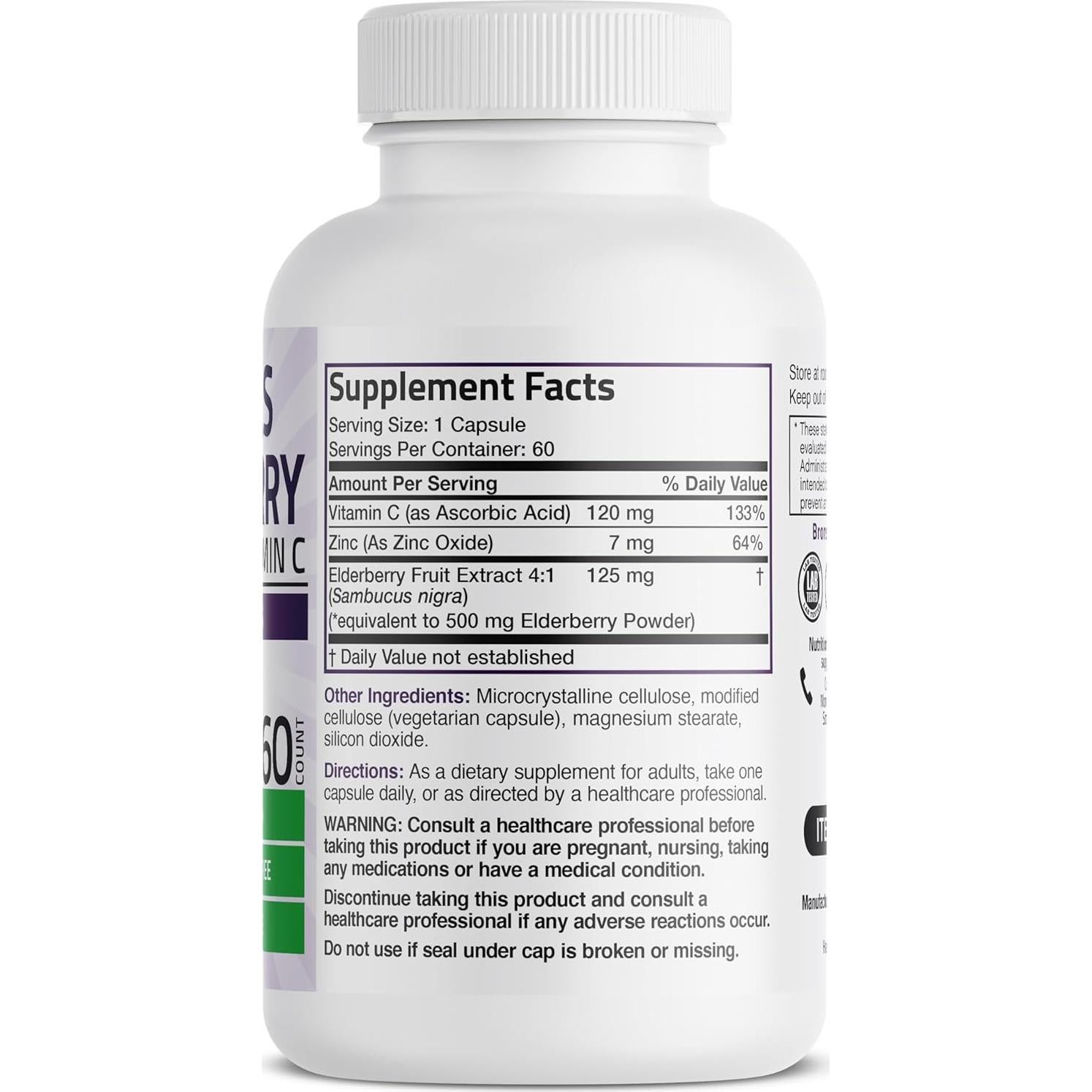 Bronson Sambucus Elderberry 3-en-1 con Zinc y Vitamina C 60 Cápsulas