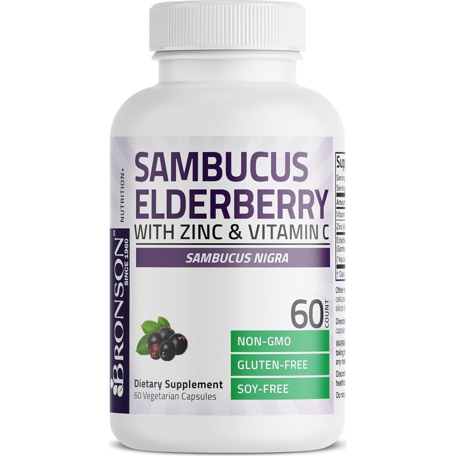 Bronson Sambucus Elderberry 3-en-1 con Zinc y Vitamina C 60 Cápsulas
