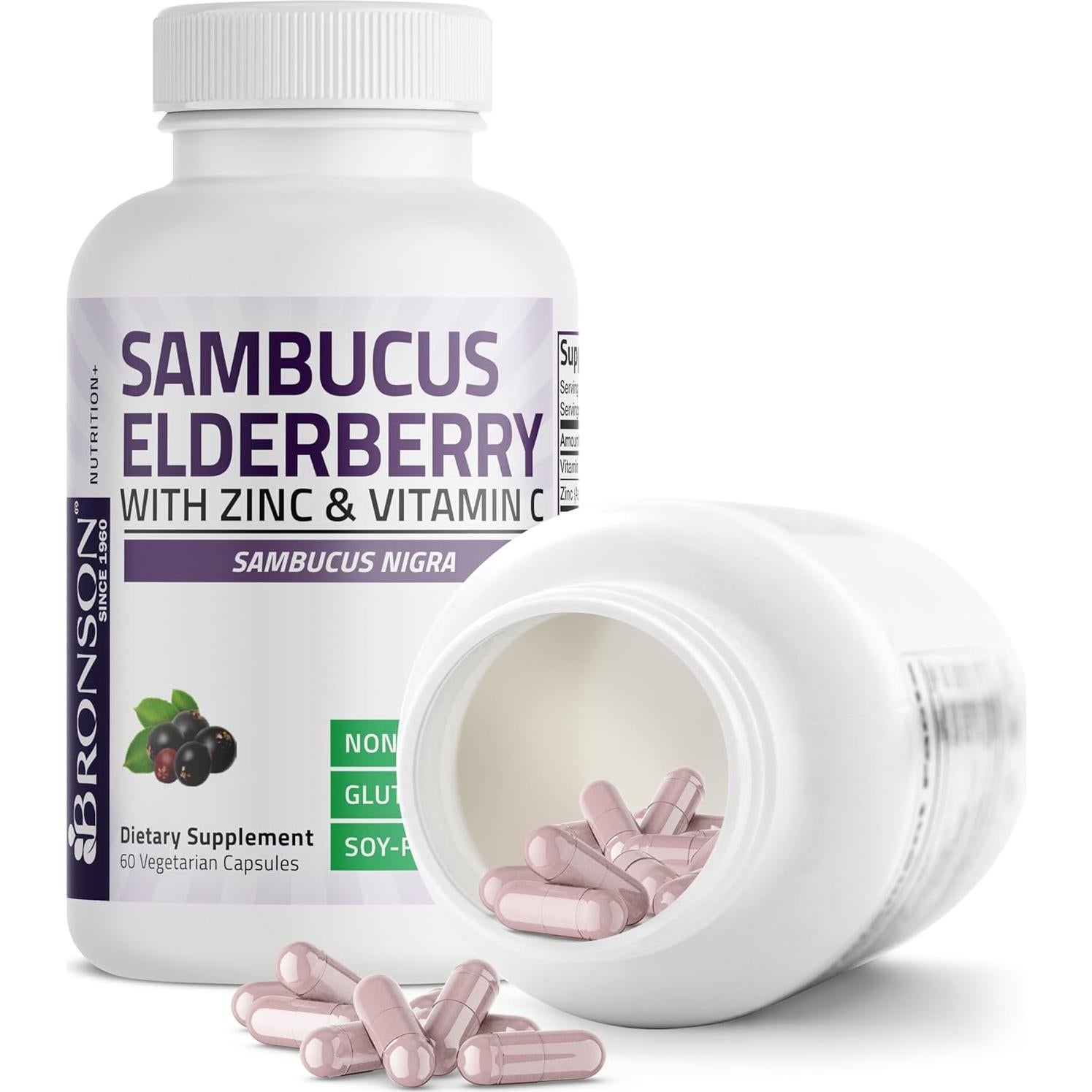 Bronson Sambucus Elderberry 3-en-1 con Zinc y Vitamina C 60 Cápsulas