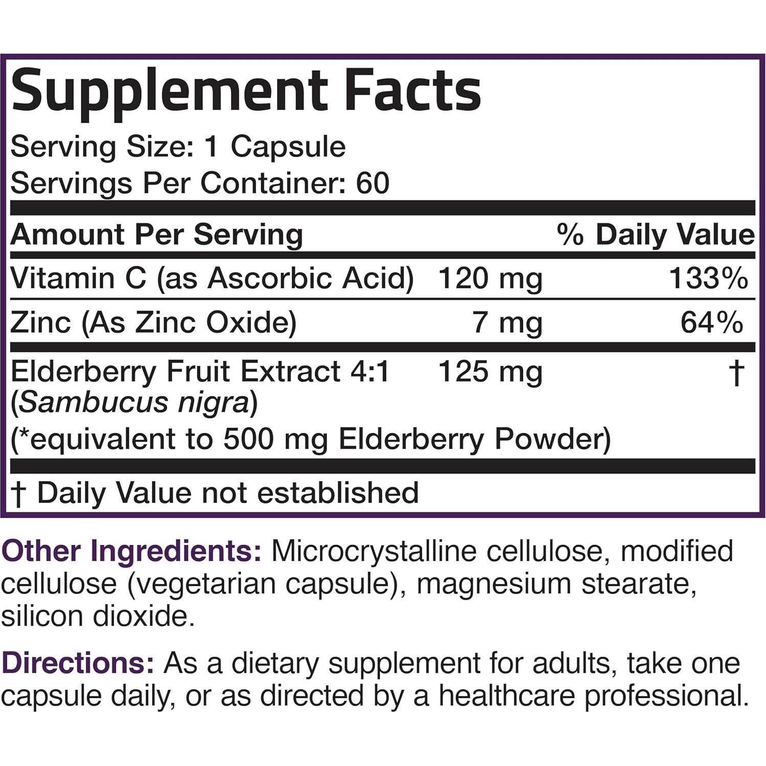 Bronson Sambucus Elderberry 3-en-1 con Zinc y Vitamina C 60 Cápsulas