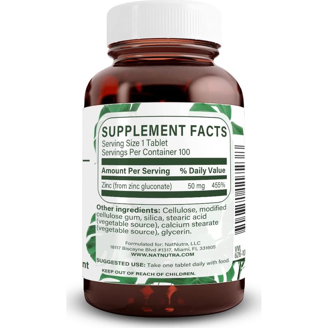 Suplemento de Gluconato de Zinc Natural Nutra 50mg 100 Tabletas Veganas