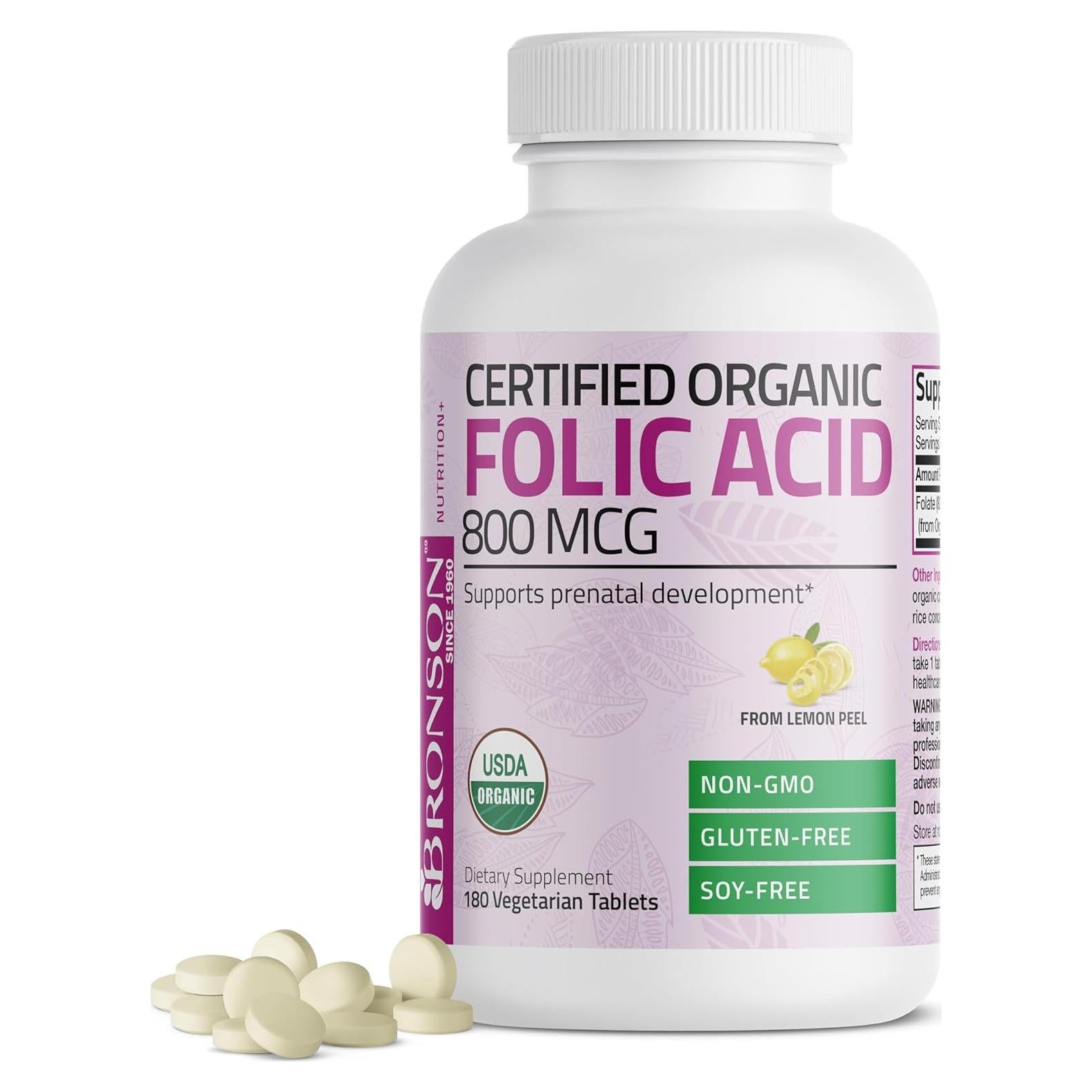 Ácido Fólico Orgánico Bronson 800 mcg 180 Tabletas Certificadas