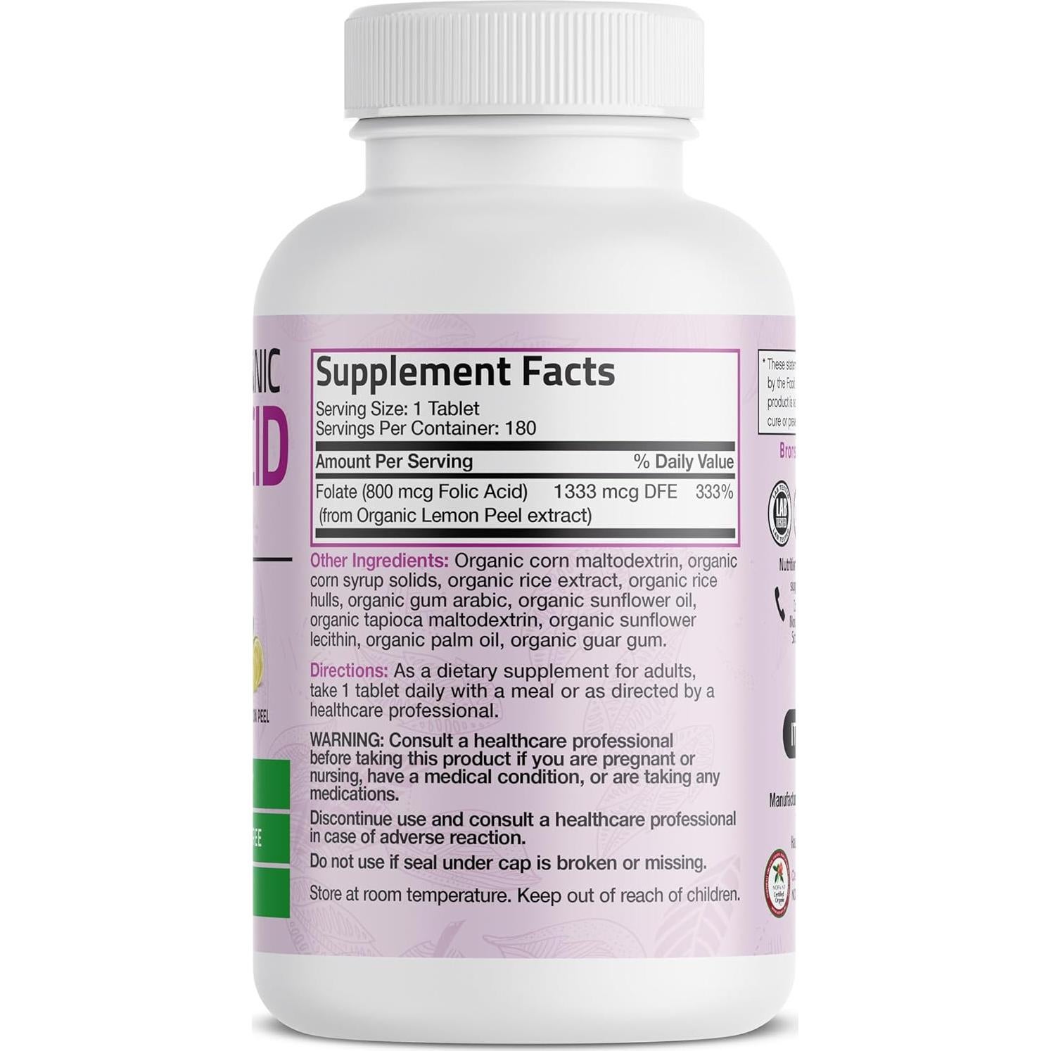 Ácido Fólico Orgánico Bronson 800 mcg 180 Tabletas Certificadas