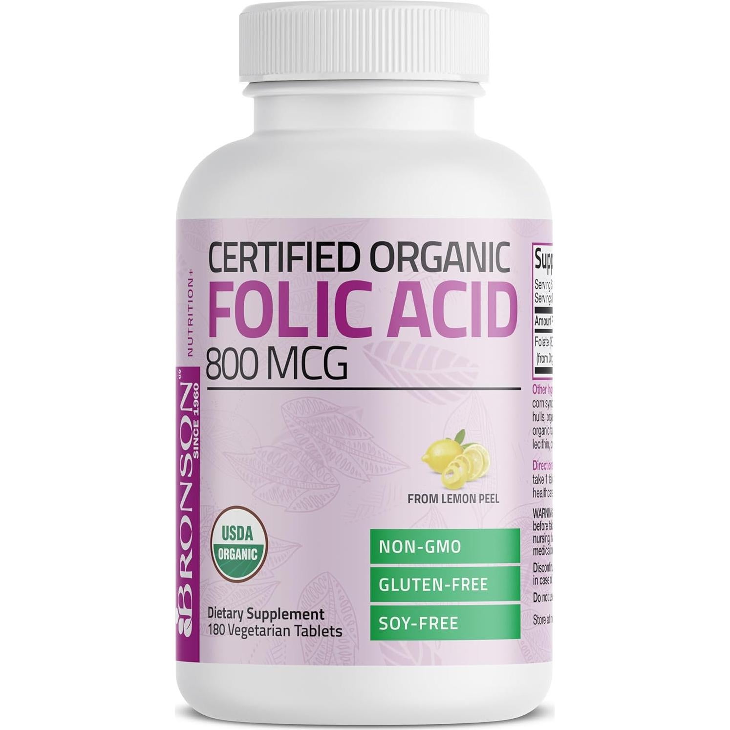 Ácido Fólico Orgánico Bronson 800 mcg 180 Tabletas Certificadas