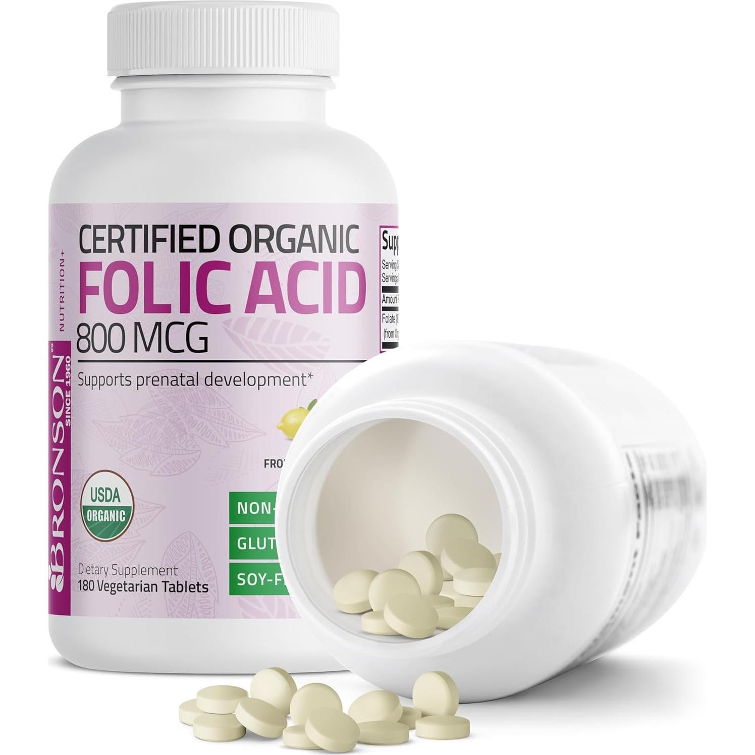 Ácido Fólico Orgánico Bronson 800 mcg 180 Tabletas Certificadas