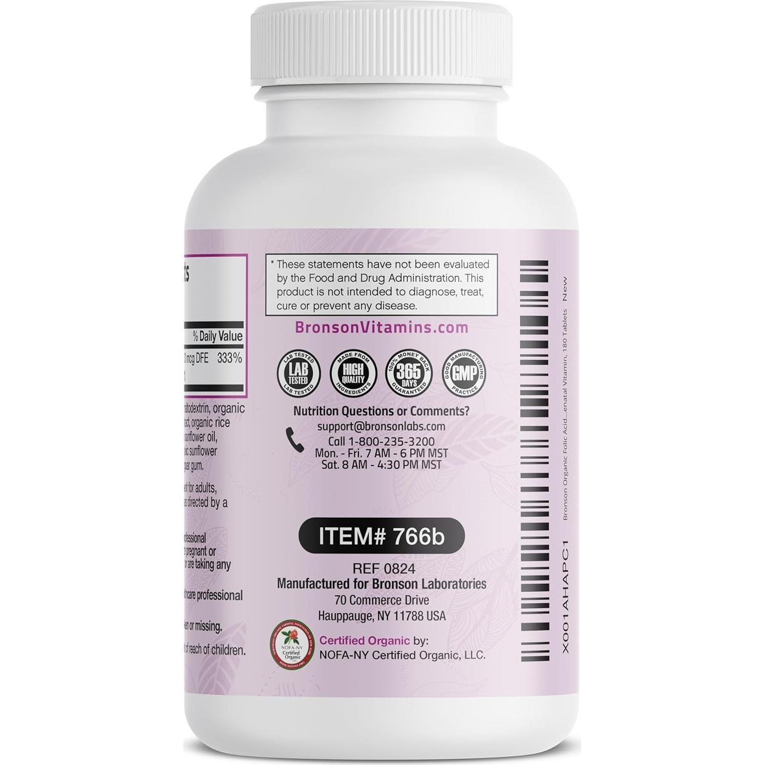 Ácido Fólico Orgánico Bronson 800 mcg 180 Tabletas Certificadas