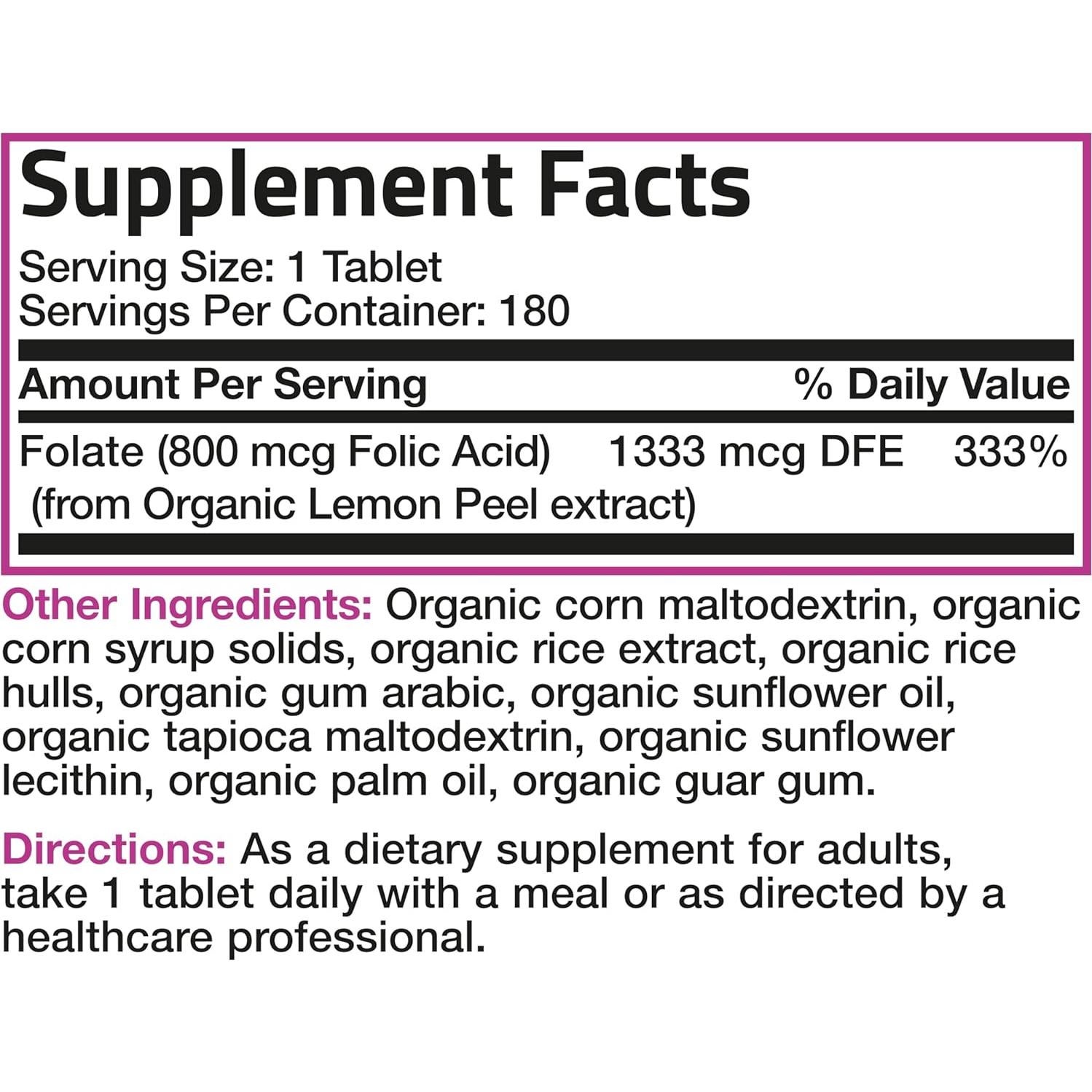 Ácido Fólico Orgánico Bronson 800 mcg 180 Tabletas Certificadas