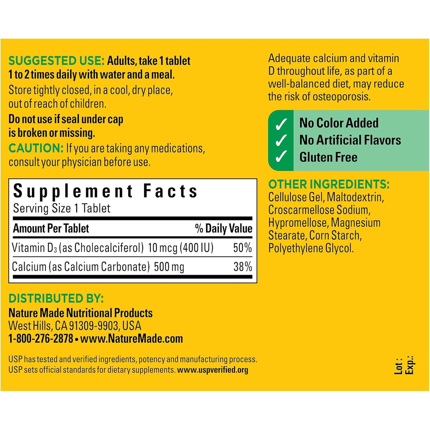 Nature Made Calcio 500 mg con Vitamina D3 - 130 Tabletas