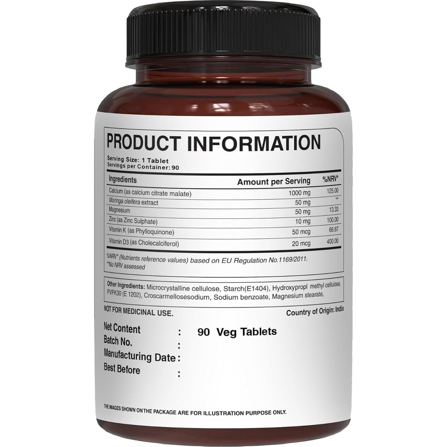 Suplemento de Calcio Ultra Nutrición Pura 1000mg 90 Tabletas