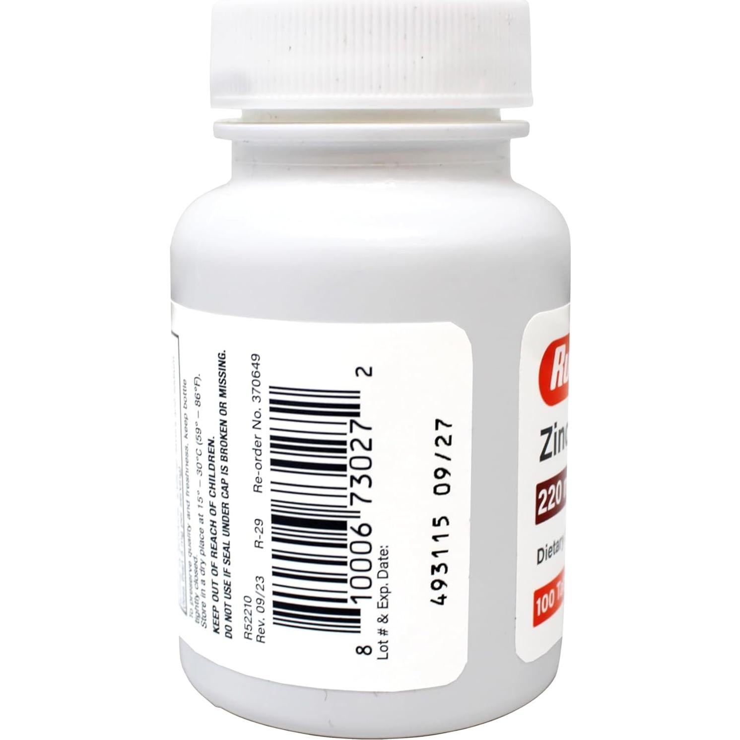 Tabletas de Sulfato de Zinc Rugby 220 mg - 100 Tabletas