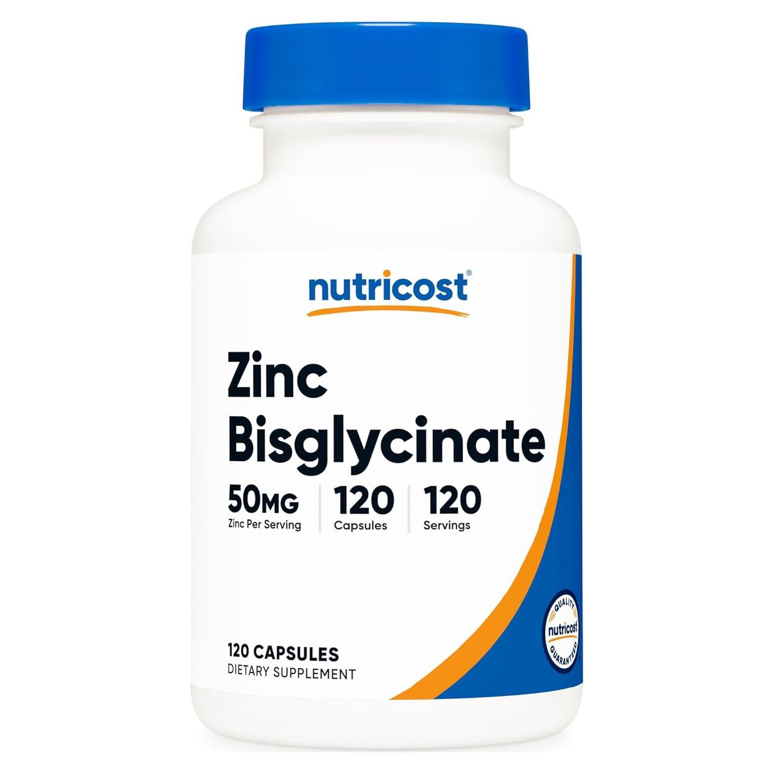 Suplemento de Zinc Bisglicinato Nutricost 50mg 120 Cápsulas Veganas