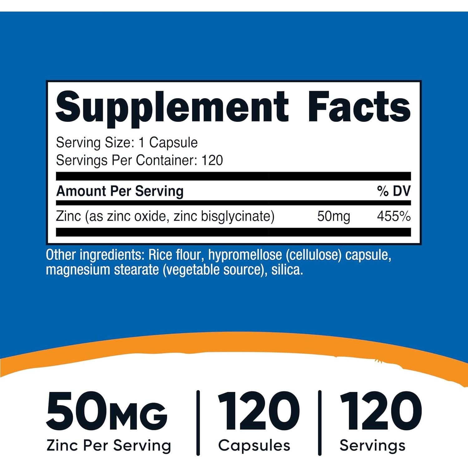 Suplemento de Zinc Bisglicinato Nutricost 50mg 120 Cápsulas Veganas