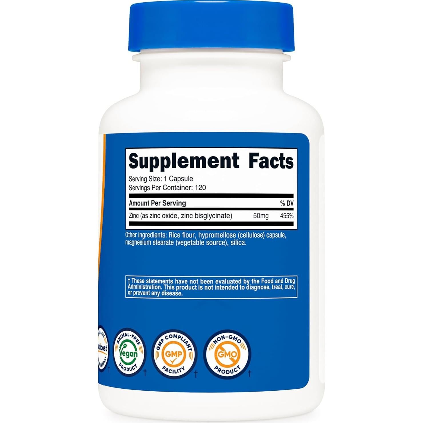 Suplemento de Zinc Bisglicinato Nutricost 50mg 120 Cápsulas Veganas