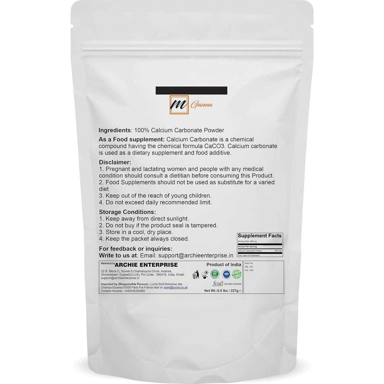 Carbonato de Calcio Natural Puro mGanna 227g Suplemento Dietético