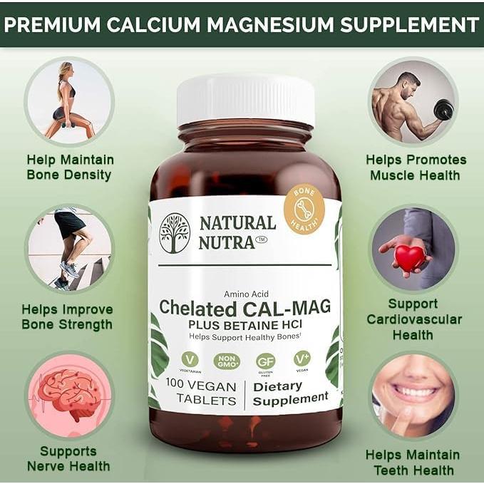 Suplemento Natural Nutra Cal Mag Quelado 1000/500 mg - 100 Tabletas Veganas