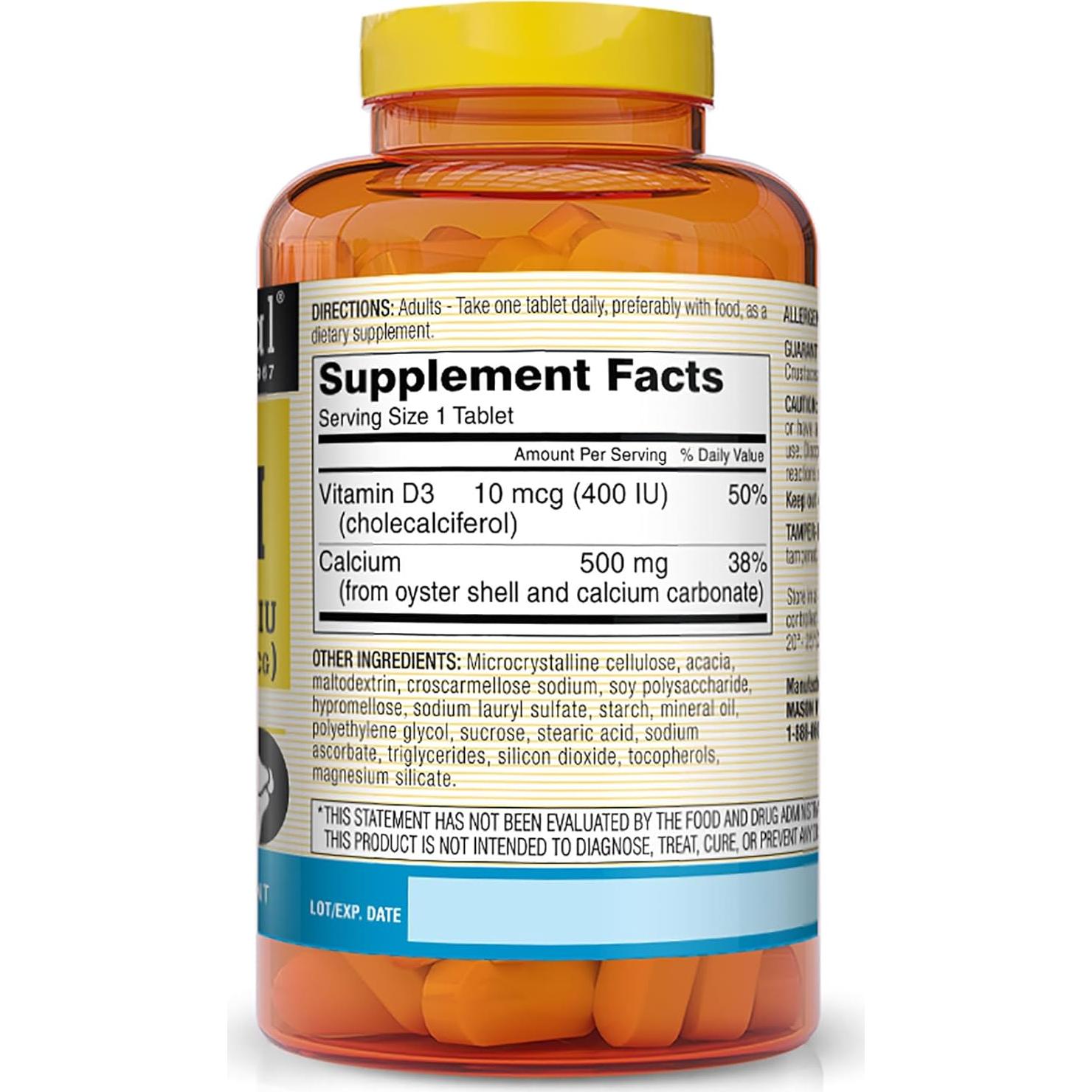 Suplemento de Calcio 500 mg Mason Natural con Vitamina D3 - 250 Tabletas