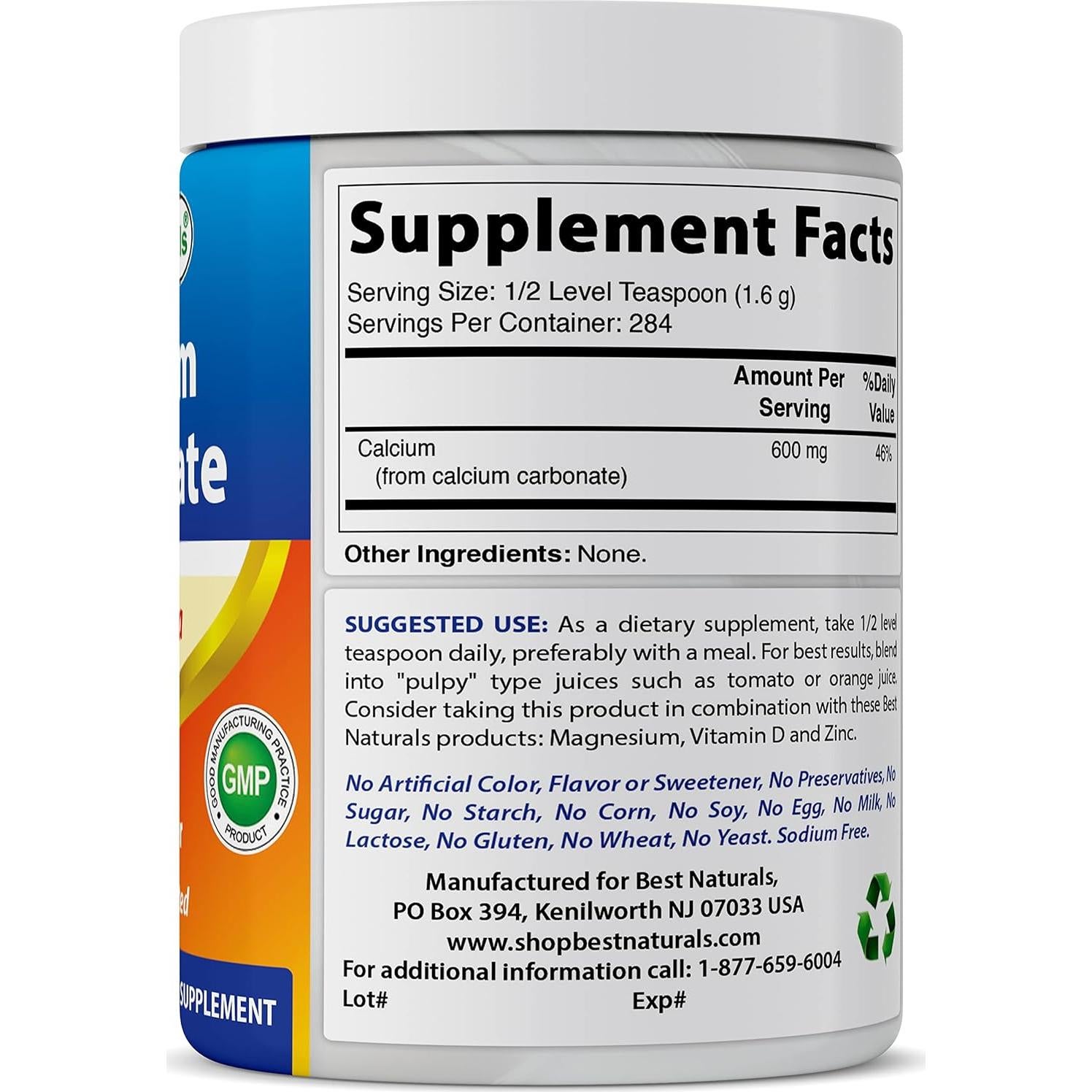 Polvo de Carbonato de Calcio Grado Alimenticio Mejor Naturales 454 g