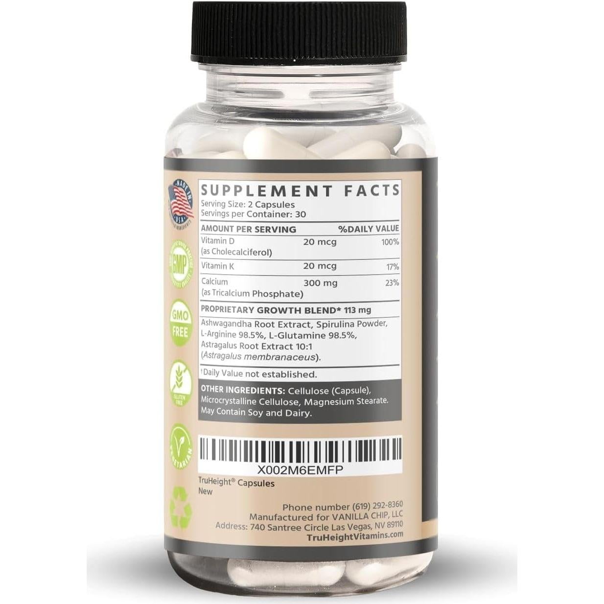 Cápsulas de Crecimiento TruHeight 60 Unidades - Suplemento Natural para Niños y Adolescentes