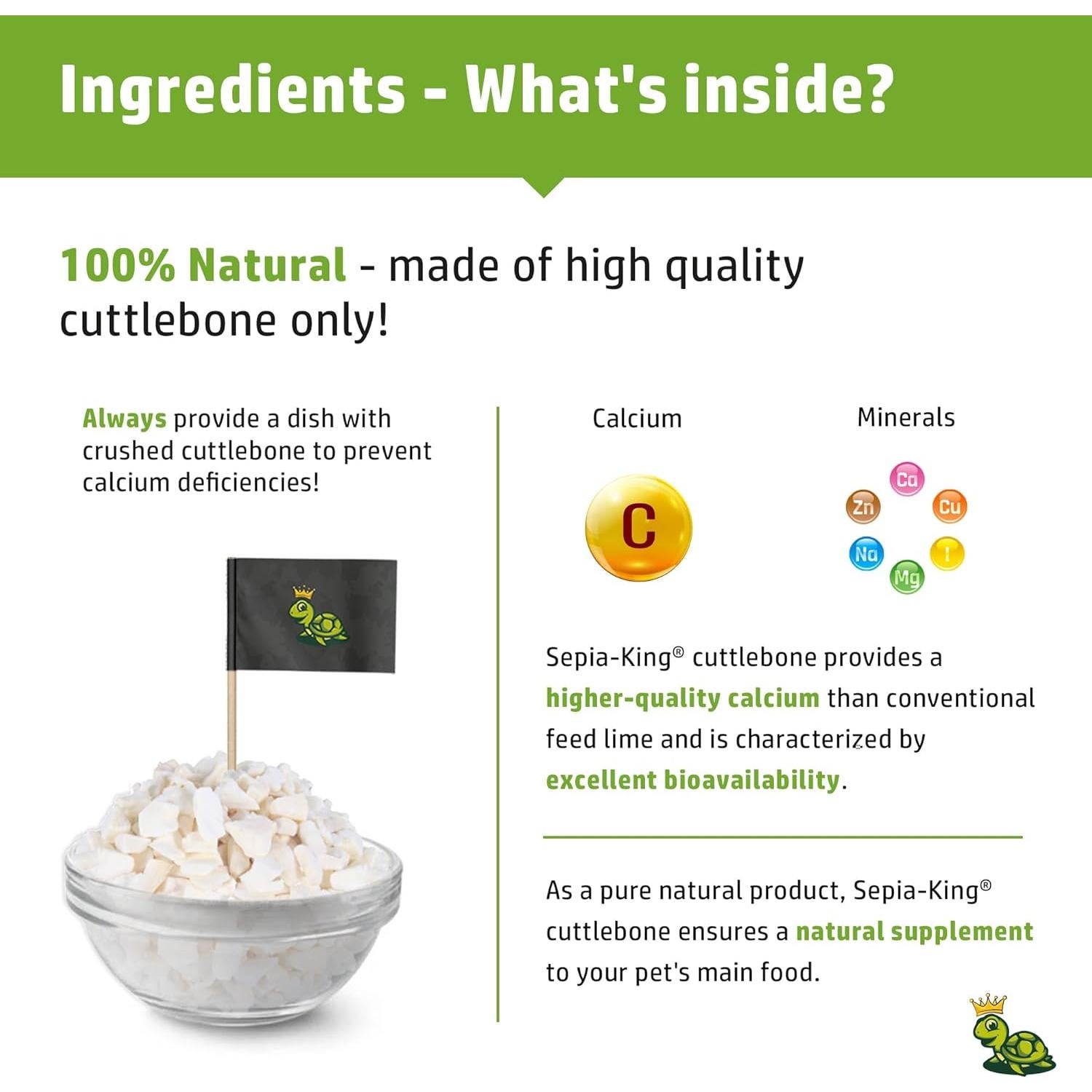 Hueso de Sepia 100% Natural Sepia King 99.22 g - Suplemento de Calcio para Aves, Tortugas y Reptiles