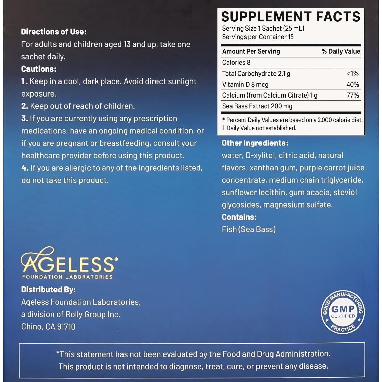 Calcio Líquido Ageless con Vitamina D8 y Extracto de Róbalo - 25 ml
