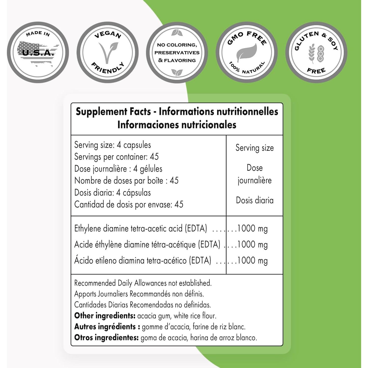 Suplemento EDTA 1000mg Supersmart - 180 Cápsulas Vegetarianas