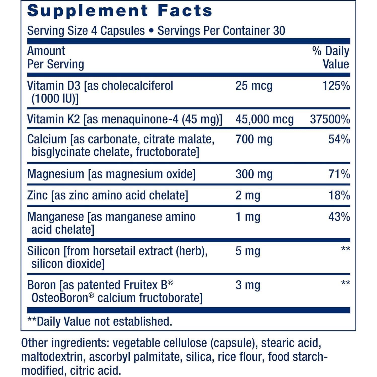 Suplemento de Calcio Life Extension Bone Restore Elite 120 Cápsulas