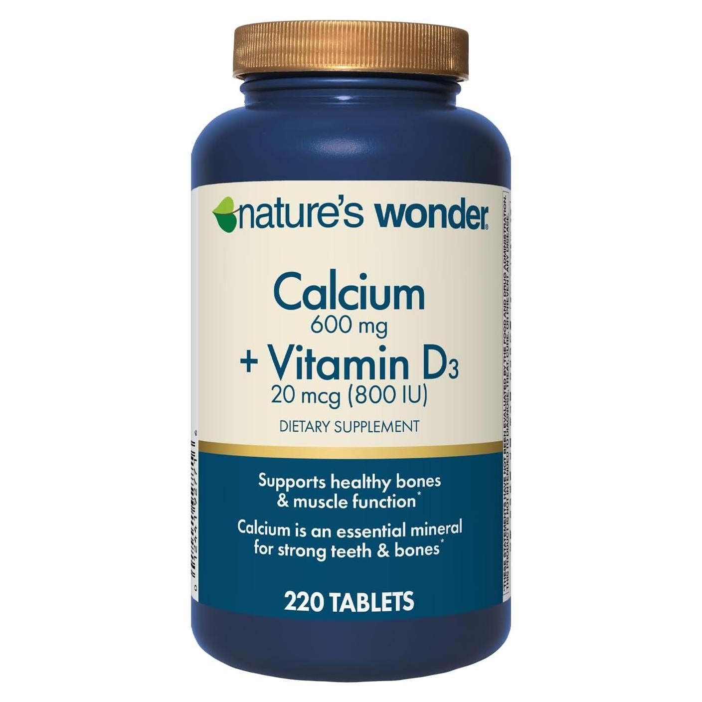 Calcio 600 mg con Vitamina D3 20 mcg Maravilla de la Naturaleza - 220 Tabletas