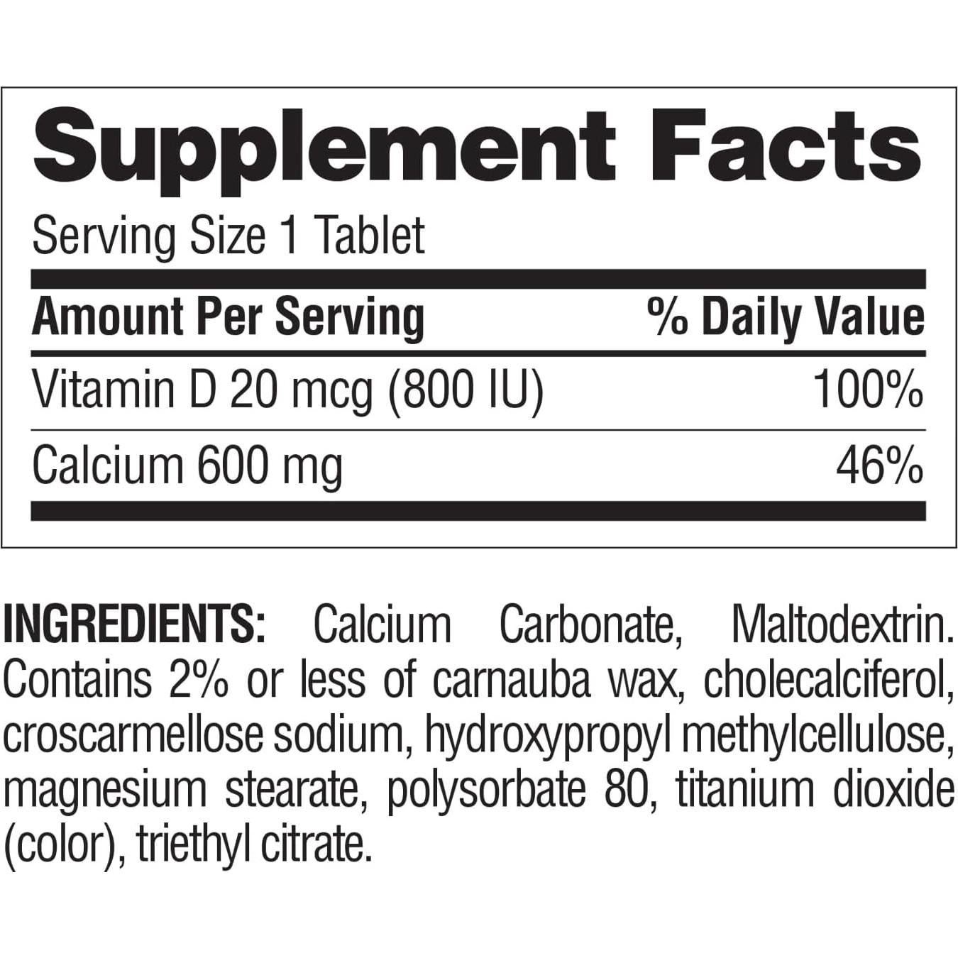 Calcio 600 mg con Vitamina D3 20 mcg Maravilla de la Naturaleza - 220 Tabletas