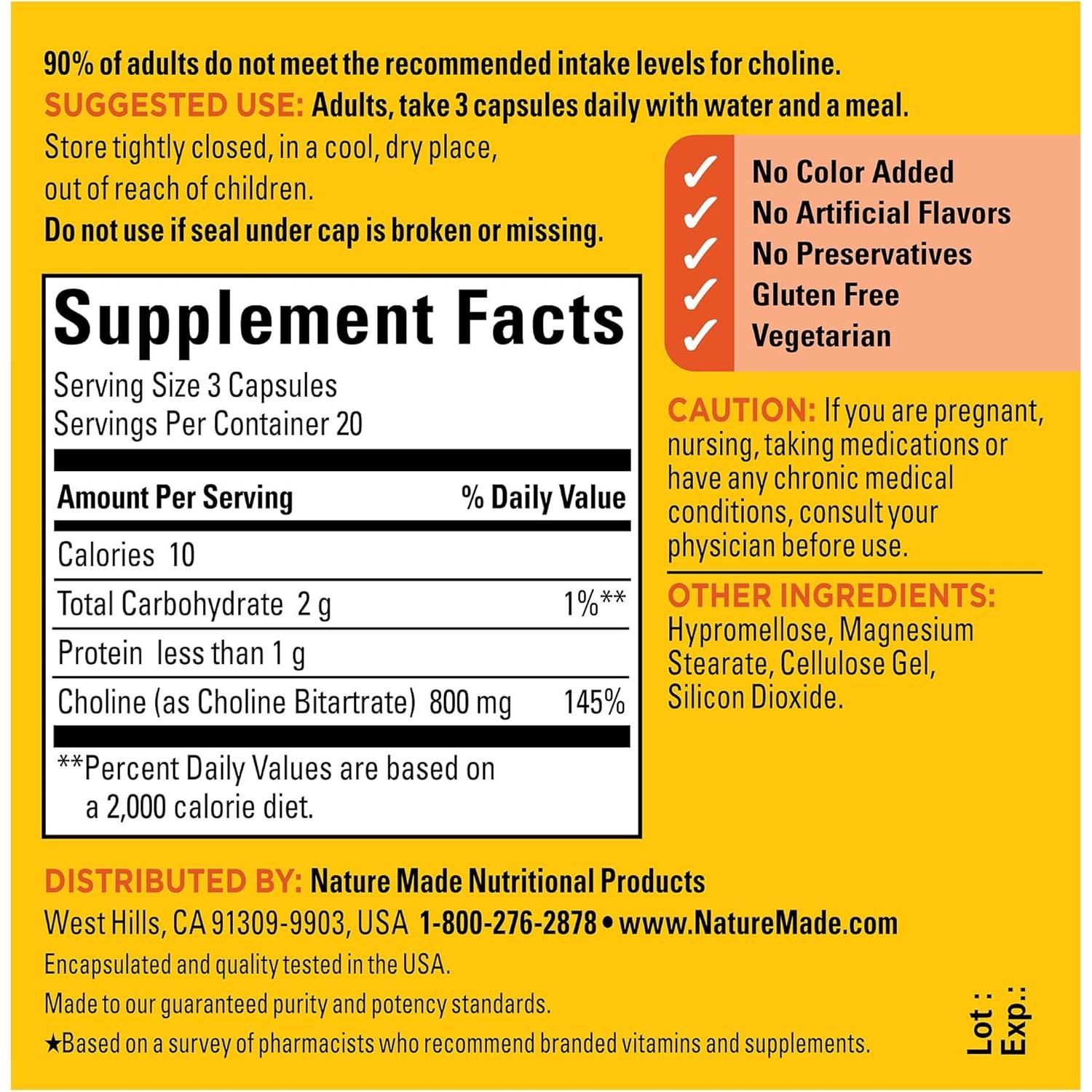Nature Made Suplemento de Colina 800 mg Extra Fuerte 60 Cápsulas