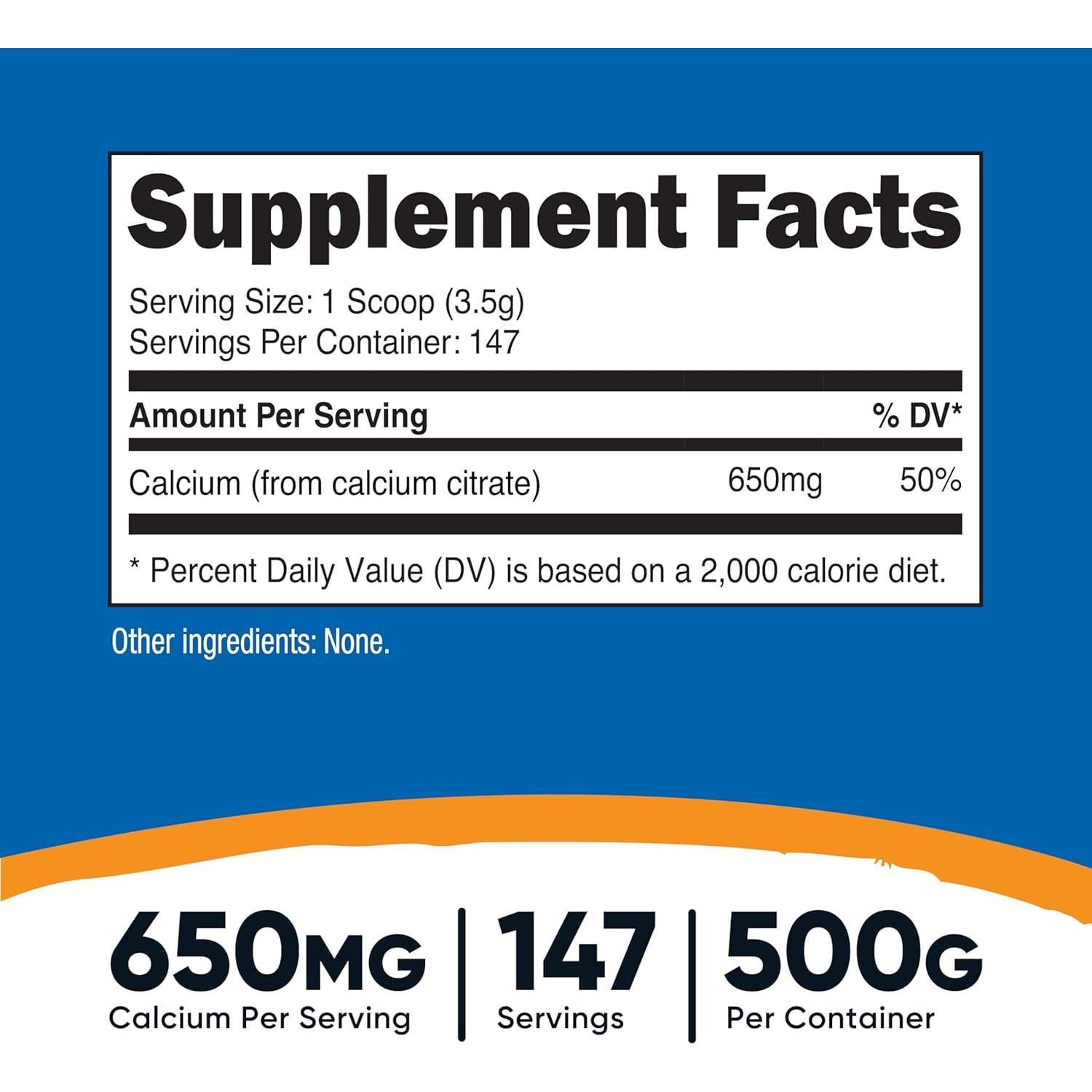 Polvo de Citrato de Calcio Nutricost 500g Sin Sabor No-OGM