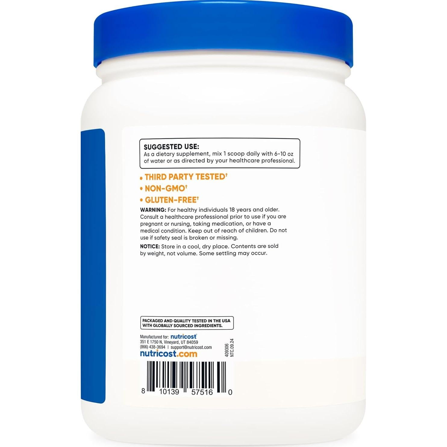 Polvo de Citrato de Calcio Nutricost 500g Sin Sabor No-OGM