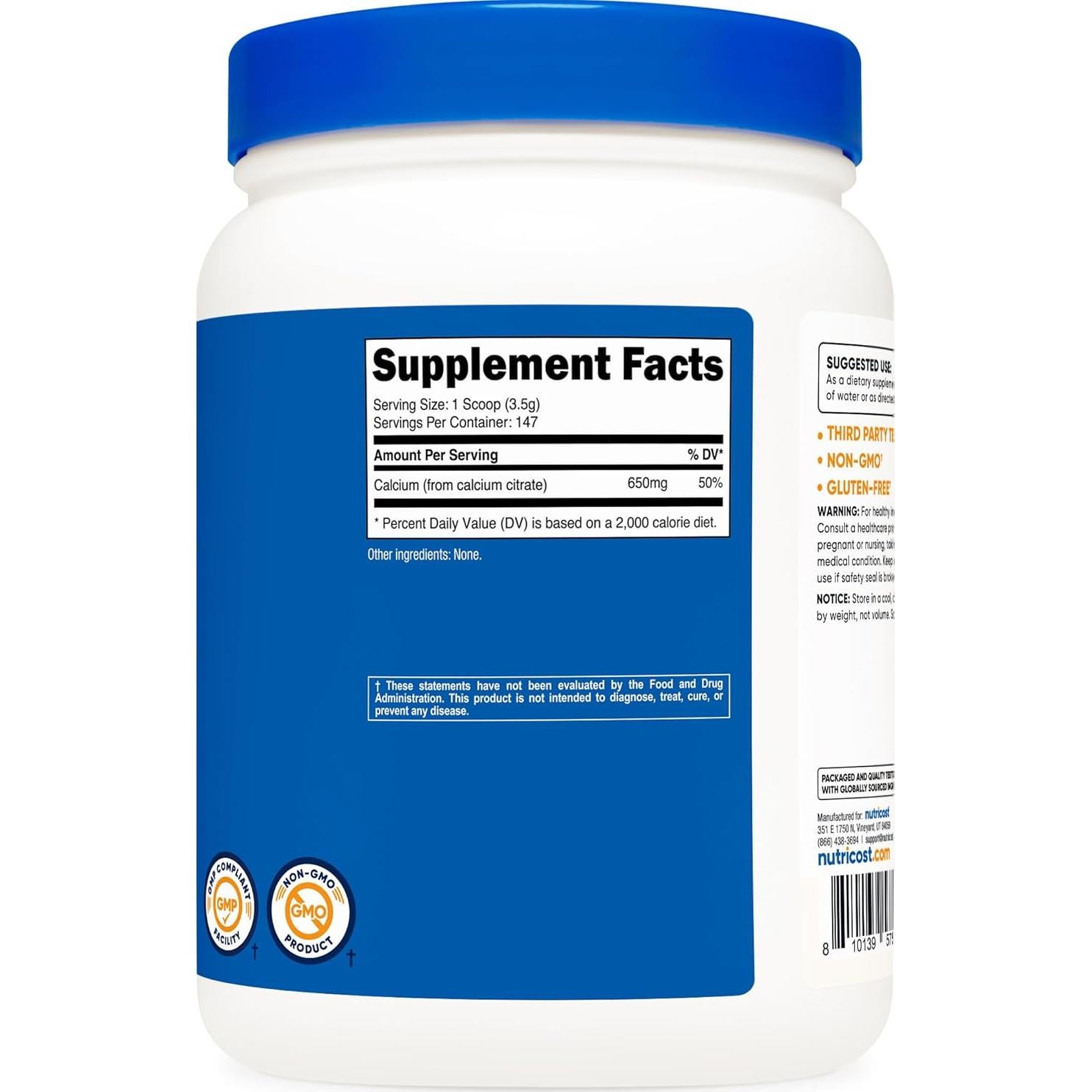 Polvo de Citrato de Calcio Nutricost 500g Sin Sabor No-OGM