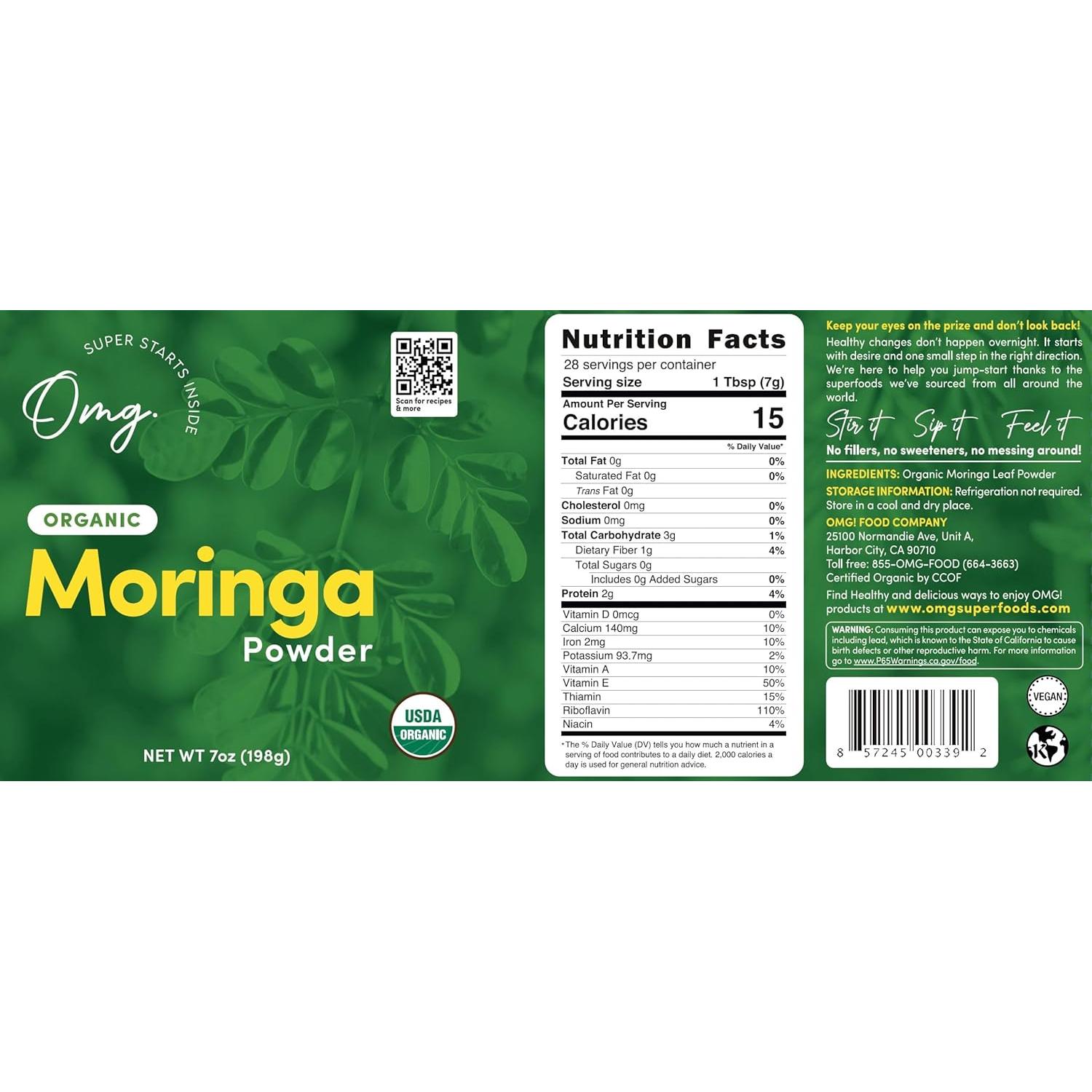 Polvo de Moringa Orgánica OMG! 198 g - Rico en Calcio y Hierro