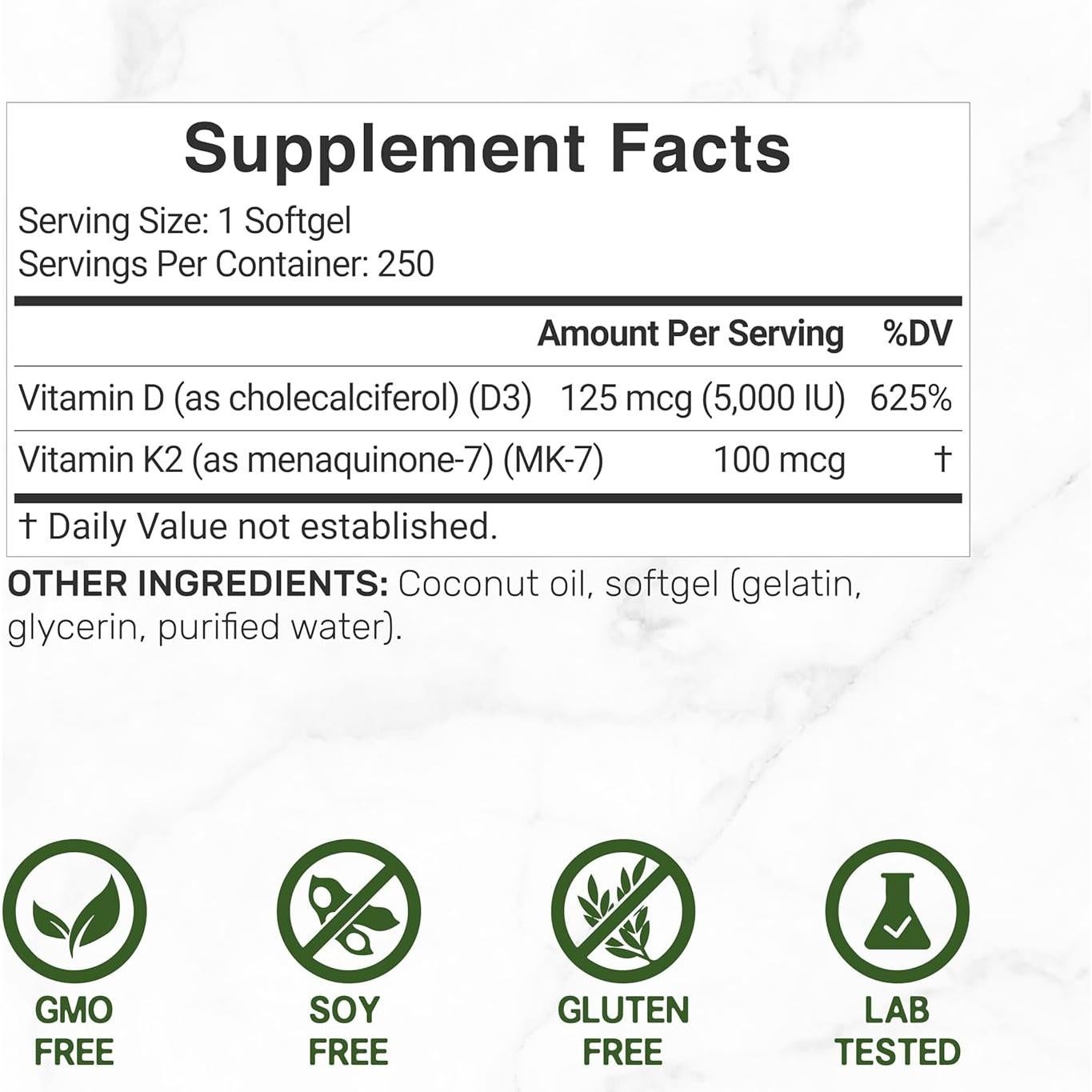 Suplemento Deal Vitamina D3 5000 UI + K2 MK7 100 mcg 250 Porciones