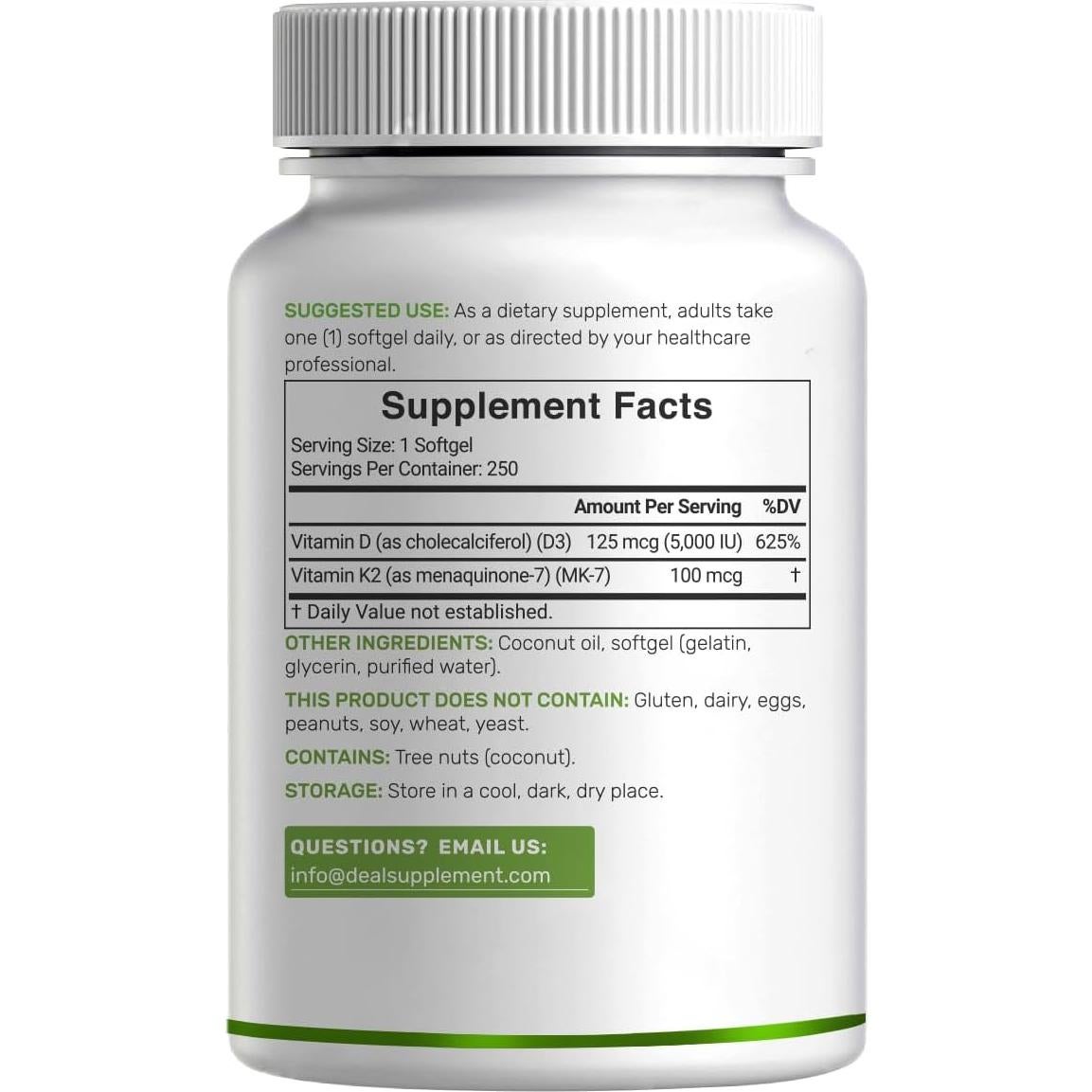 Suplemento Deal Vitamina D3 5000 UI + K2 MK7 100 mcg 250 Porciones