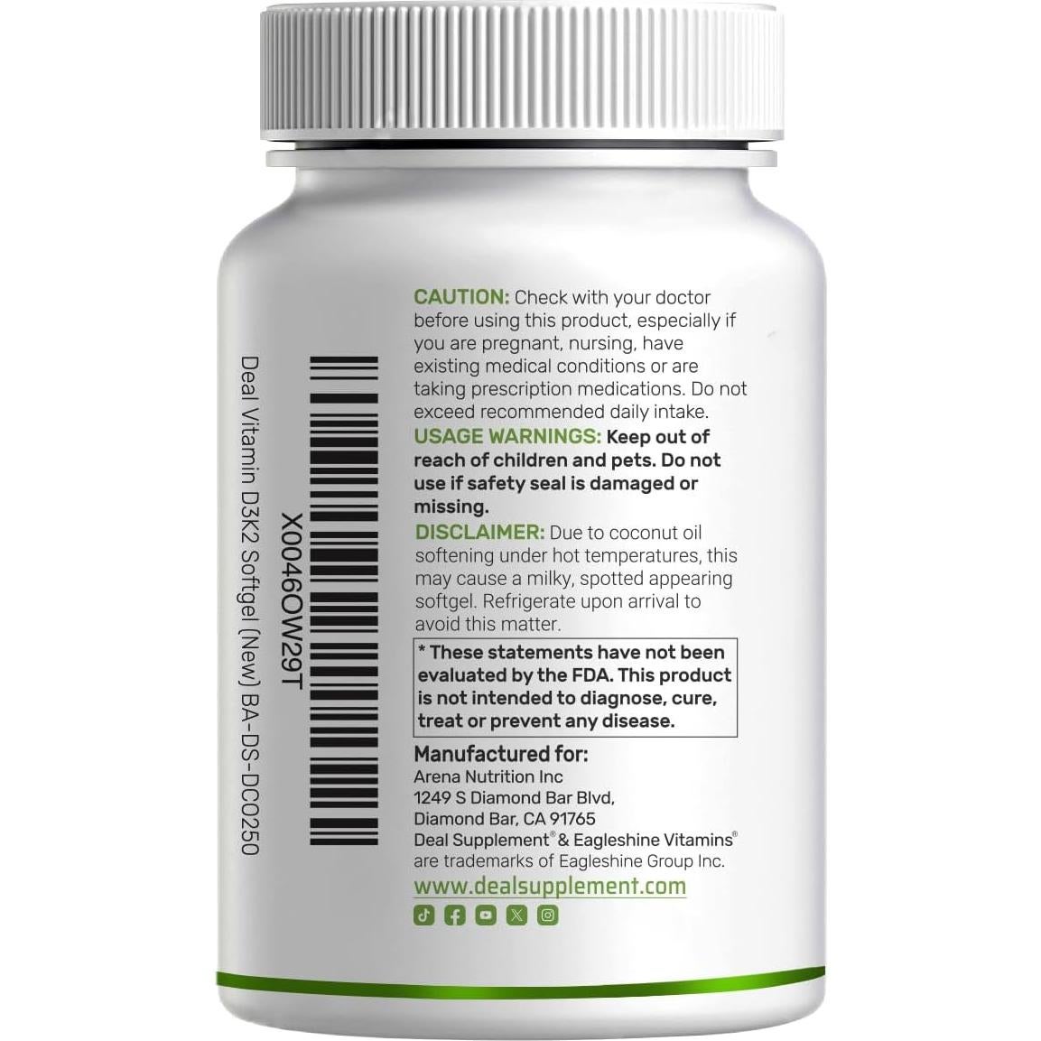 Suplemento Deal Vitamina D3 5000 UI + K2 MK7 100 mcg 250 Porciones