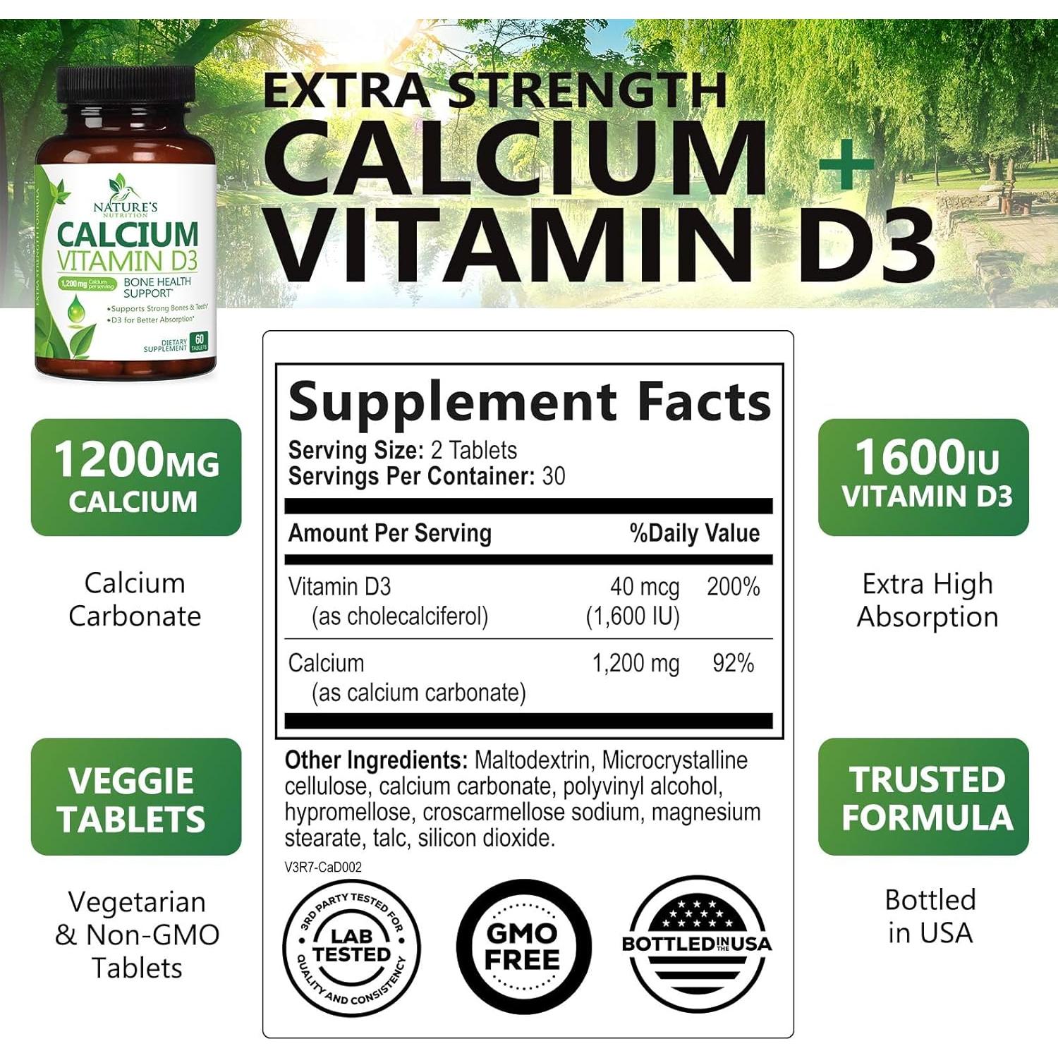 Suplemento de Calcio 1200 mg con Vitamina D3 1600 UI - 60 Tabletas