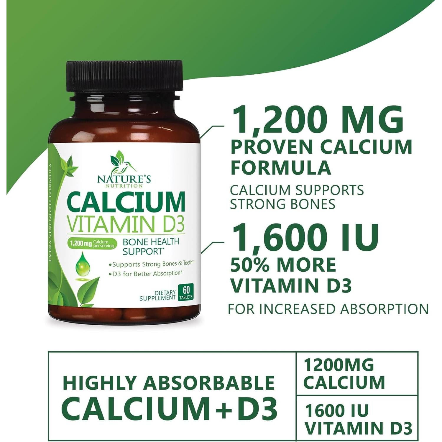 Suplemento de Calcio 1200 mg con Vitamina D3 1600 UI - 60 Tabletas