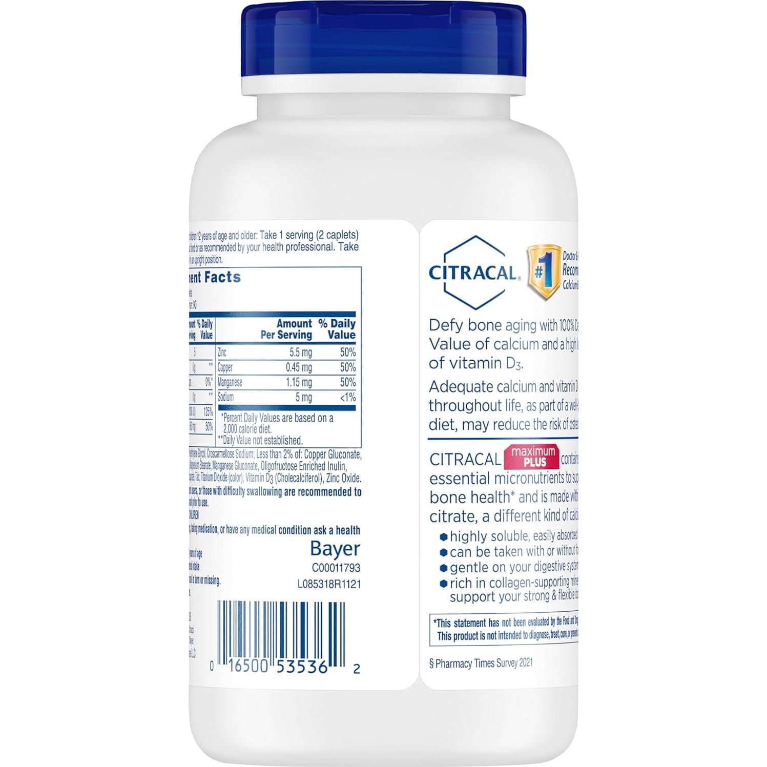 Citracal Maximum Plus 650 mg Calcio + 25 mcg Vitamina D3 180 tabletas