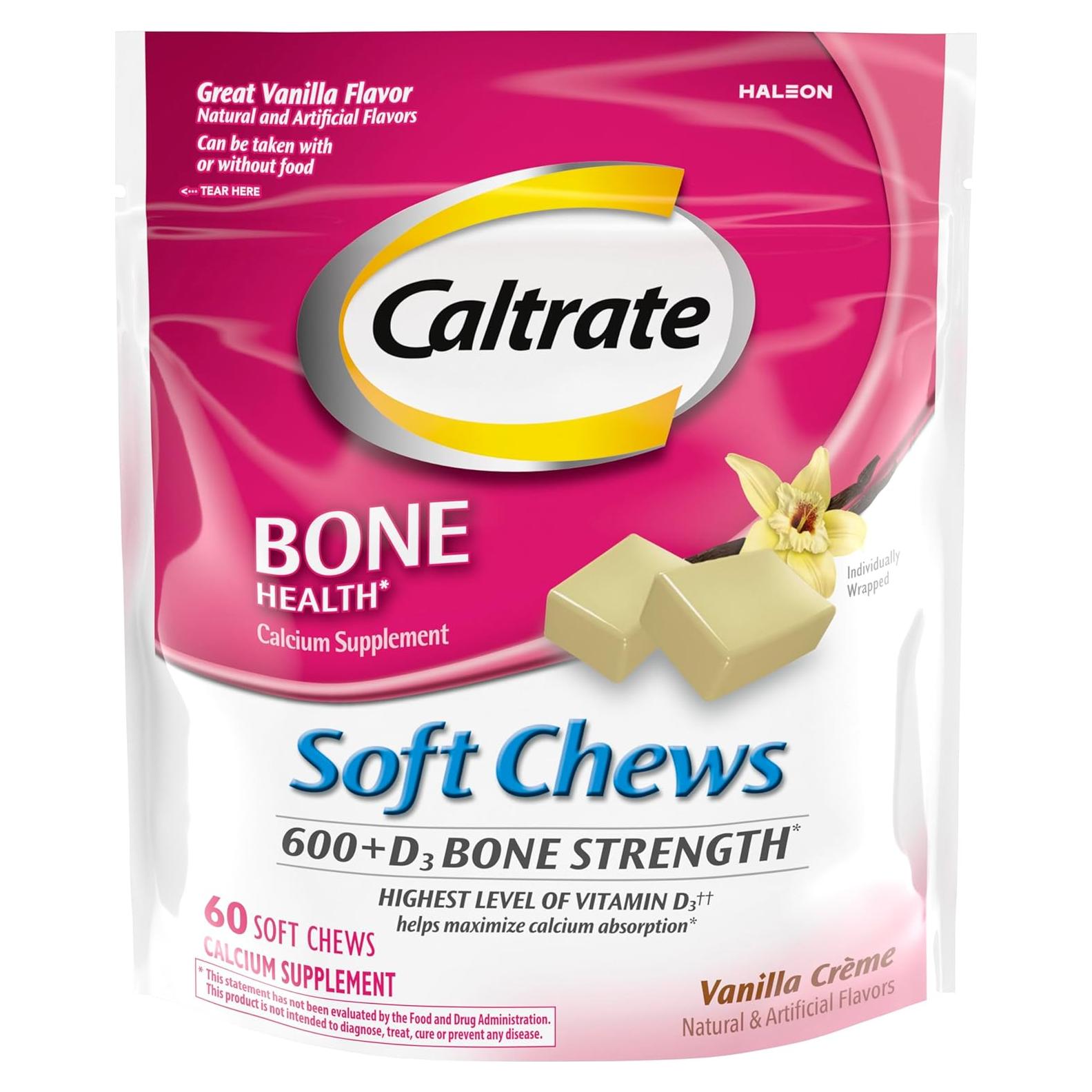Caltrate Soft Chews 600 Plus D3 Calcio y Vitamina D Crema Vainilla 60 Unidades