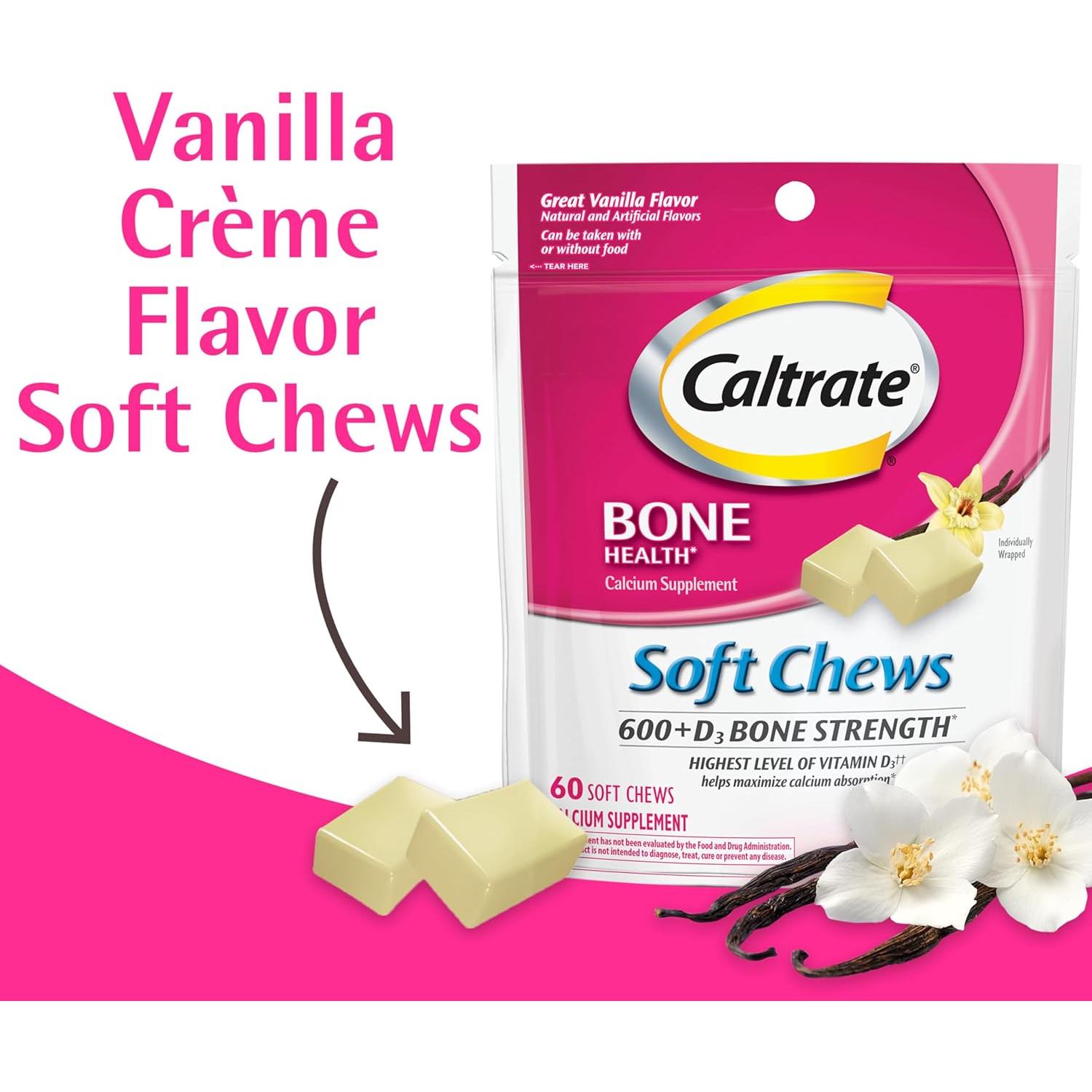 Caltrate Soft Chews 600 Plus D3 Calcio y Vitamina D Crema Vainilla 60 Unidades