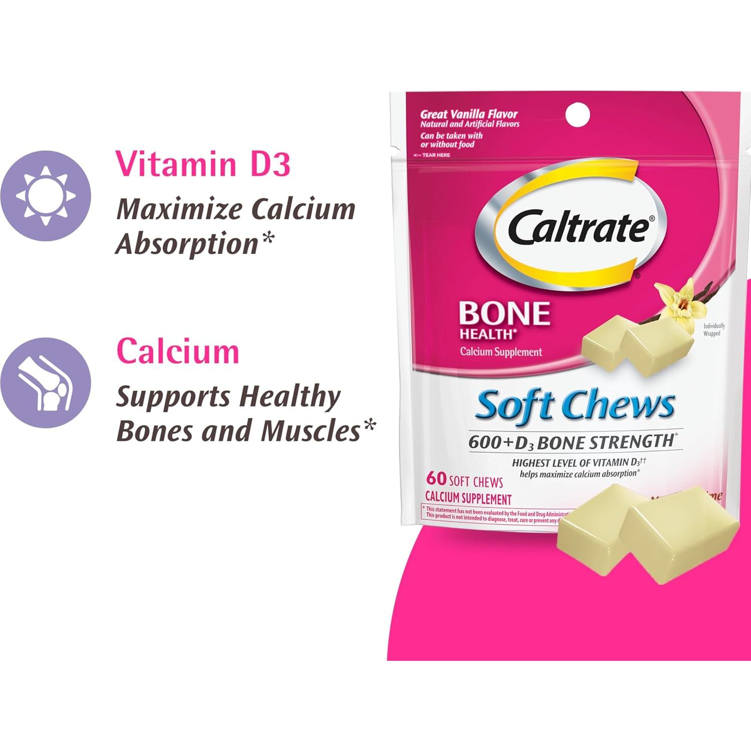 Caltrate Soft Chews 600 Plus D3 Calcio y Vitamina D Crema Vainilla 60 Unidades