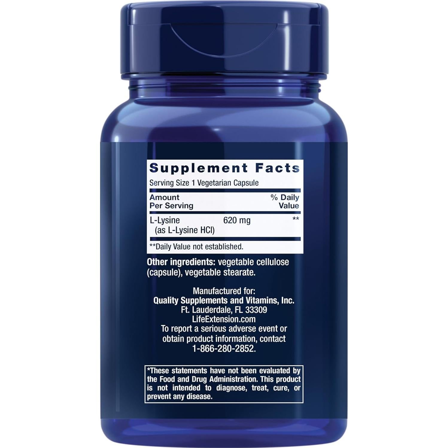 L-Lisina Life Extension 620 mg 100 Cápsulas Vegetales